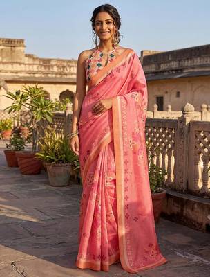 Pink floral printed ready to wear saree with blouse 1