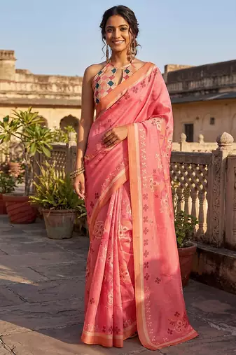 Pink floral printed ready to wear saree with blouse