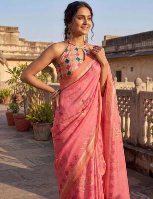 Pink floral printed ready to wear saree with blouse 2