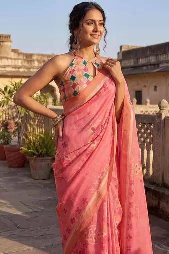 Pink floral printed ready to wear saree with blouse