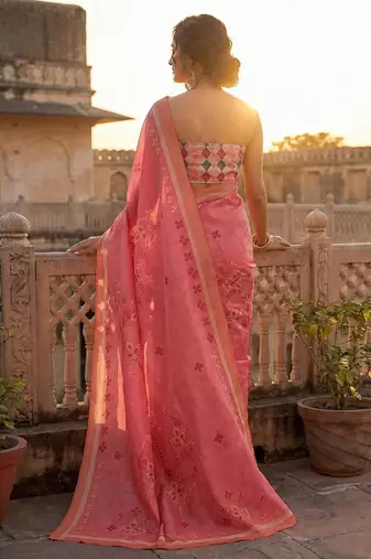 Pink floral printed ready to wear saree with blouse