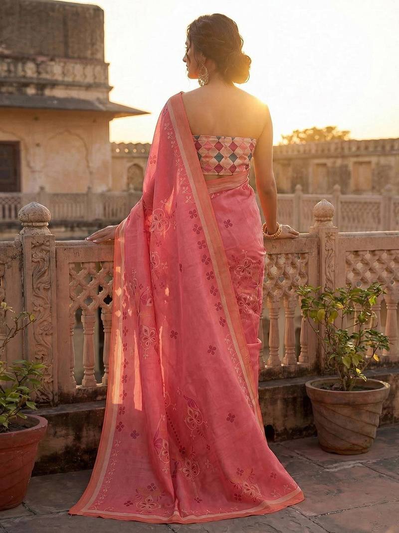 Pink floral printed ready to wear saree with blouse