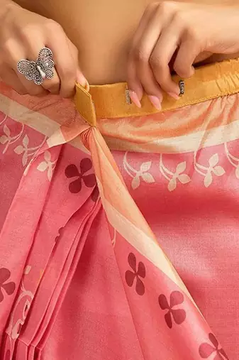Pink floral printed ready to wear saree with blouse