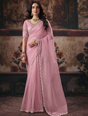 Pink ethnic motifs embroidered organza fusion saree 1