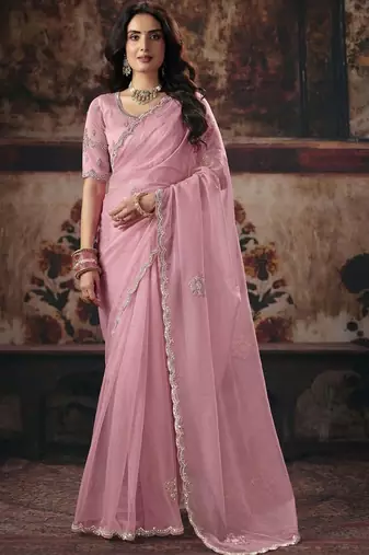 Pink ethnic motifs embroidered organza fusion saree