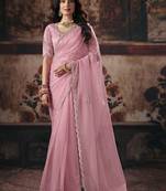 Pink ethnic motifs embroidered organza fusion saree