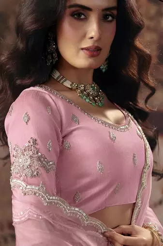 Pink ethnic motifs embroidered organza fusion saree