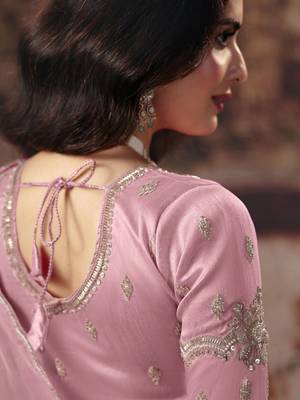 Pink ethnic motifs embroidered organza fusion saree 3