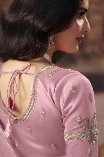 Pink ethnic motifs embroidered organza fusion saree