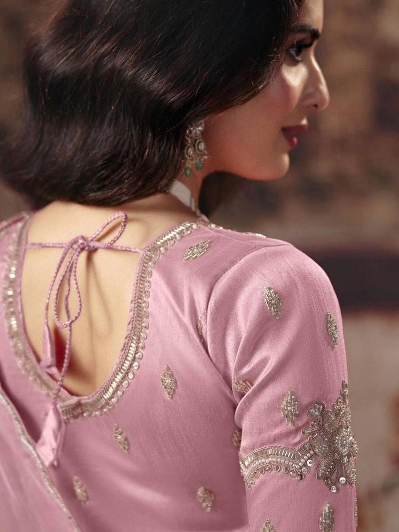 Pink ethnic motifs embroidered organza fusion saree