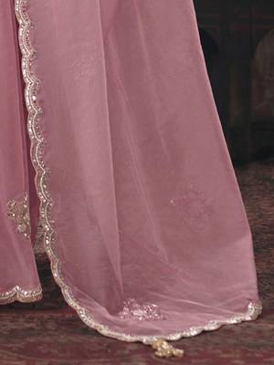 Pink ethnic motifs embroidered organza fusion saree 5