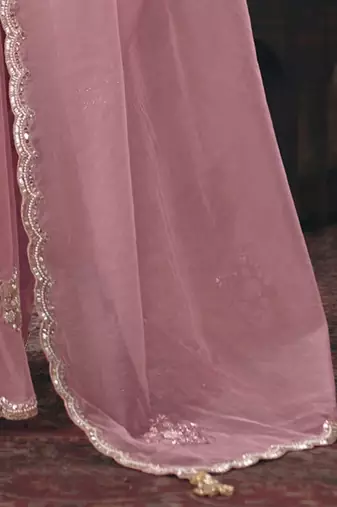 Pink ethnic motifs embroidered organza fusion saree