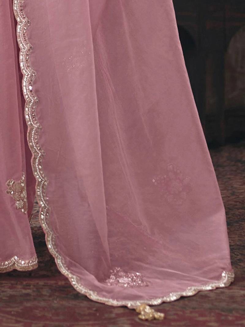 Pink ethnic motifs embroidered organza fusion saree