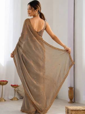 Gold tissue sequence embroidered saree with blouse piece 3
