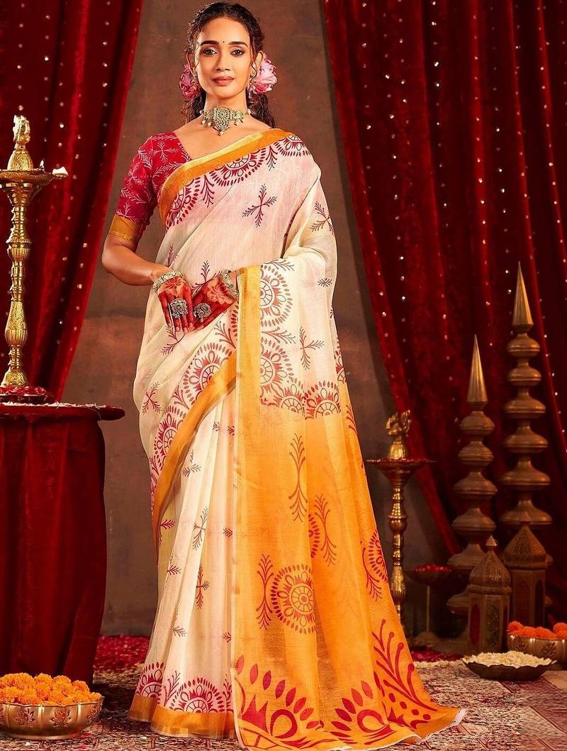 White ethnic motifs zari  linen fusion saree