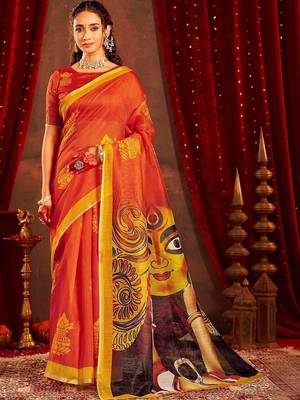 Orange ethnic motifs zari  linen fusion saree 1