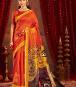 Orange ethnic motifs zari  linen fusion saree