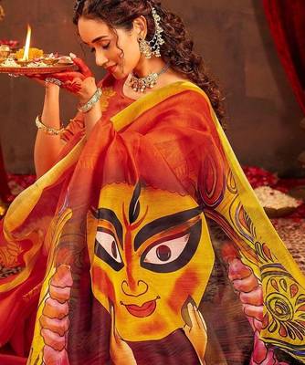 Orange ethnic motifs zari  linen fusion saree 2