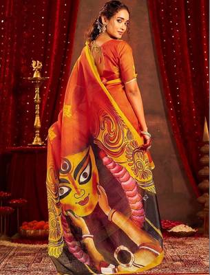 Orange ethnic motifs zari  linen fusion saree 3