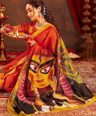 Orange ethnic motifs zari  linen fusion saree 4