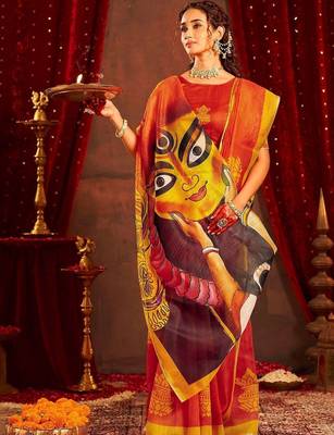 Orange ethnic motifs zari  linen fusion saree 5