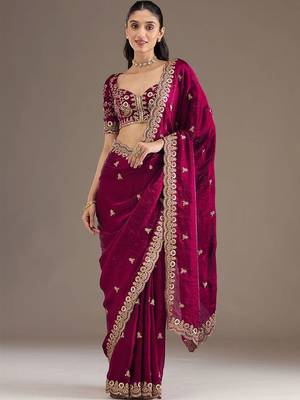 Magenta tissue sequence embroidered saree with heavy work blouse piece 1