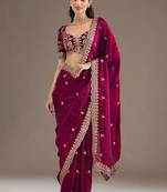 Magenta tissue sequence embroidered saree with heavy work blouse piece