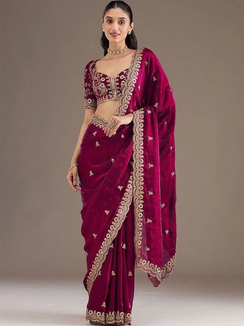 Magenta tissue sequence embroidered saree with heavy work blouse piece