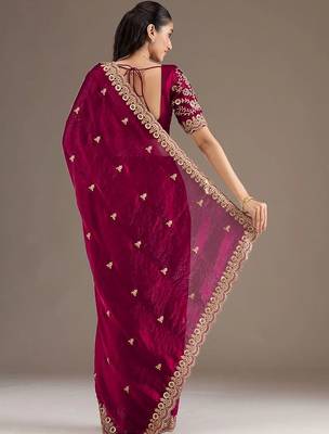 Magenta tissue sequence embroidered saree with heavy work blouse piece 3