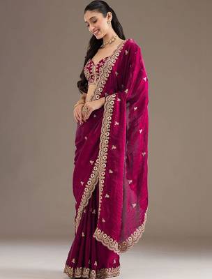 Magenta tissue sequence embroidered saree with heavy work blouse piece 4