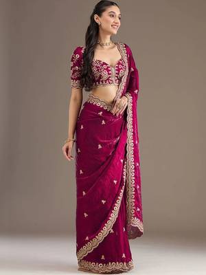 Magenta tissue sequence embroidered saree with heavy work blouse piece 5