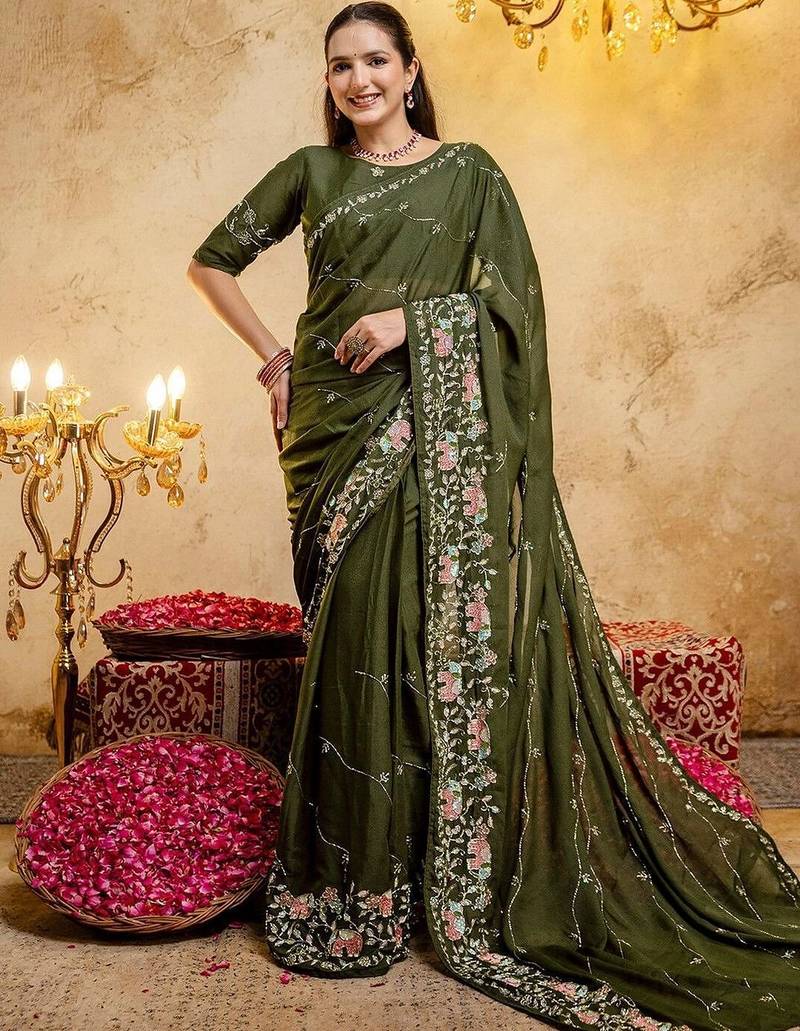 Olive floral embroidered poly georgette saree