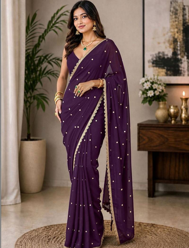 Purple embellished ready to wear saree with blouse piece
