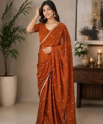 Rust woven design embroidered art silk saree 2