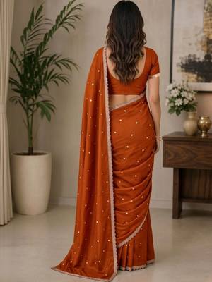 Rust woven design embroidered art silk saree 3