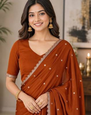 Rust woven design embroidered art silk saree 5