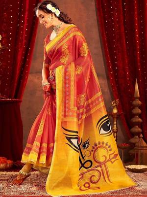 Red ethnic motifs zari  linen fusion saree 1