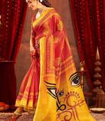 Red ethnic motifs zari  linen fusion saree