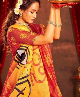 Red ethnic motifs zari  linen fusion saree 2
