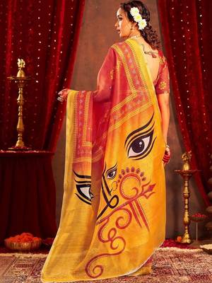 Red ethnic motifs zari  linen fusion saree 3
