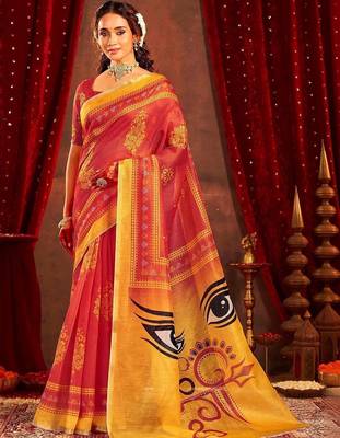 Red ethnic motifs zari  linen fusion saree 5