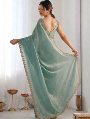 Turquoise tissue sequence embroidered saree with blouse piece 3