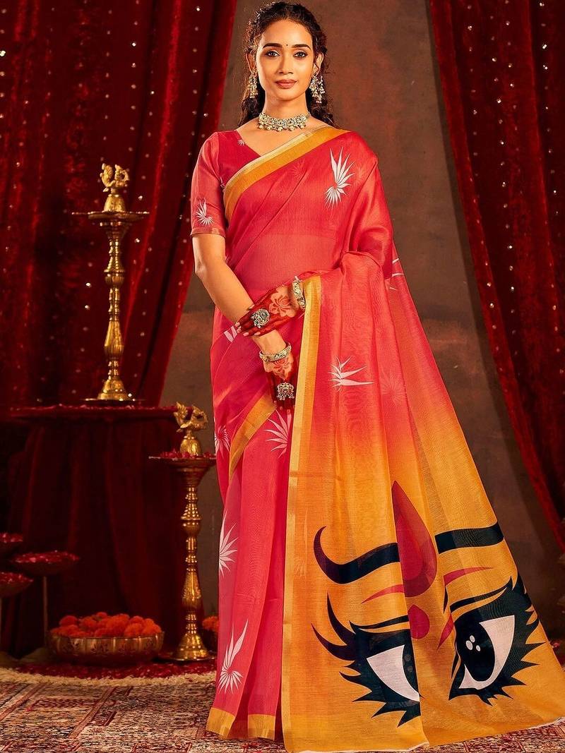 Red ethnic motifs printed zari  linen fusion saree