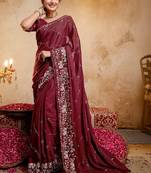 Maroon floral embroidered poly georgette saree