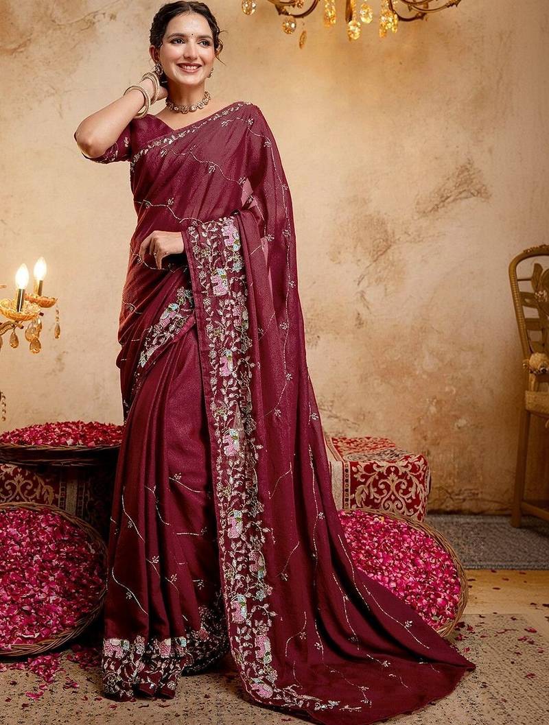Maroon floral embroidered poly georgette saree