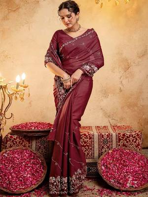 Maroon floral embroidered poly georgette saree 3