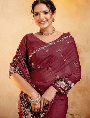 Maroon floral embroidered poly georgette saree 5
