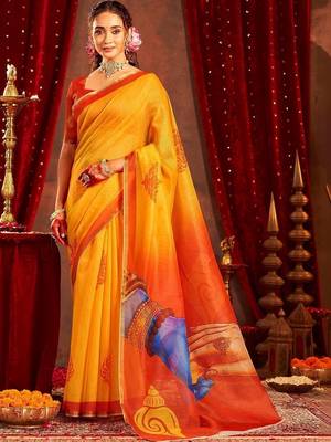 Yellow ethnic motifs zari  linen fusion saree 1