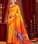 Yellow ethnic motifs zari  linen fusion saree