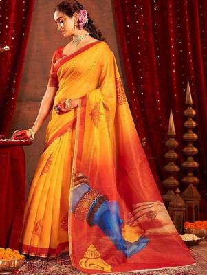 Yellow ethnic motifs zari  linen fusion saree 2